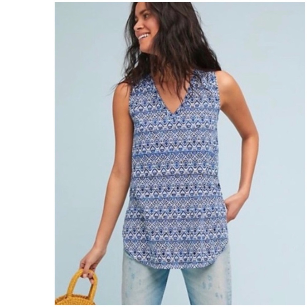 ANTHROPOLOGIE t.la Breezy V Neck Tunic Tank Top Blue Print Sleeveless Bohp Small
